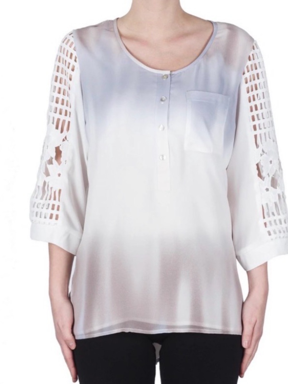 Joseph Ribkoff Tunic Top Laser Cut Out Button Down Blouse 6 Grey White Brown